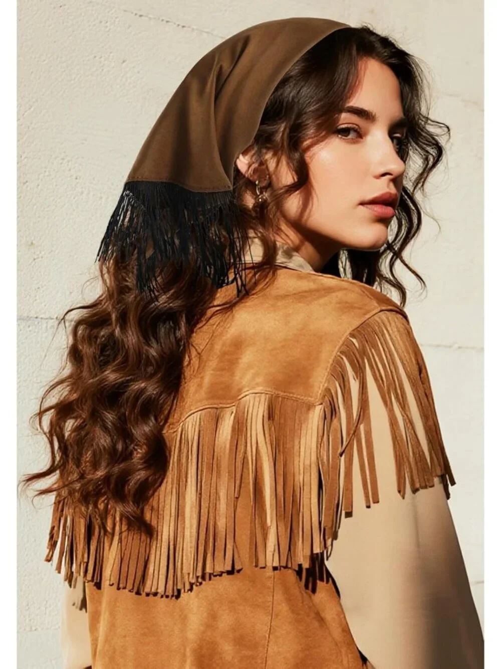 Women's Brown Triangle Wild Rag With Fringe Cowgirl Western Tassel Bandana Scarf
